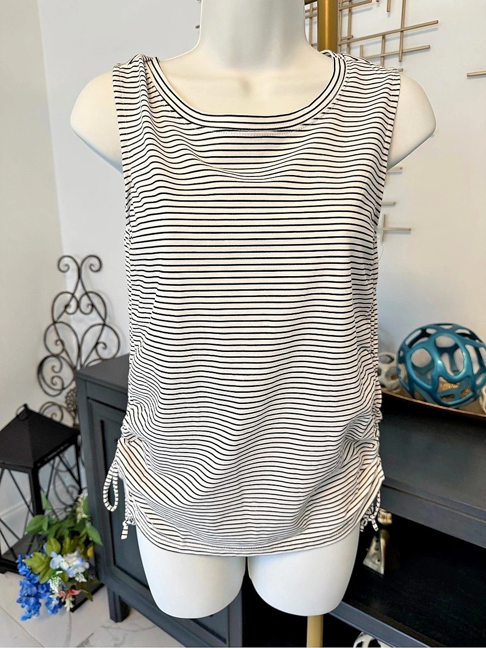 Just Be. Striped Side-Tie Tank Top in White & Black NWT